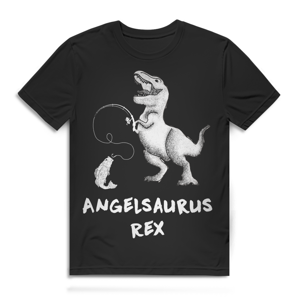 Herren T-Shirt Angelsaurus Rex Angler Dino Shirt T-Rex Bio Baumwolle Black