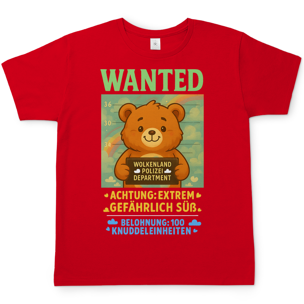 Herren T-Shirt Wanted Glücksbärchi Wolkenland Extrem Gefährlich Süß Red