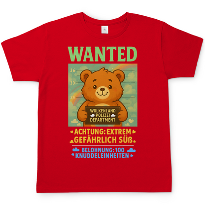 Herren T-Shirt Wanted Glücksbärchi Wolkenland Extrem Gefährlich Süß Red