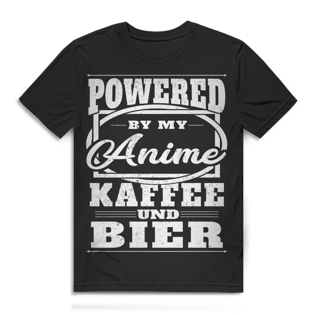 Powered by Anime Kaffee Bier – Lustiges Herren Shirt Geschenkidee für Otaku Fans Black