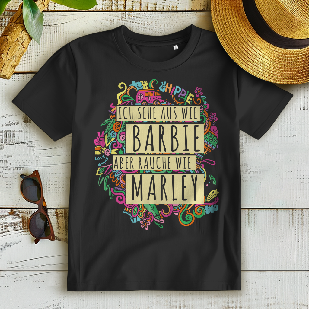 Frauen Weed Shirt – Barbie Style mit Joint – Bob Marley Vibes Black