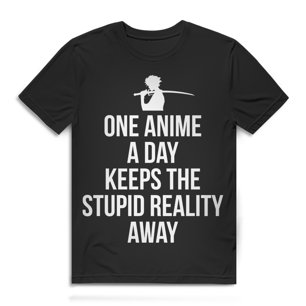 Anime Bio T-Shirt Männer – One anime a day keeps the stupid reality away Spruch