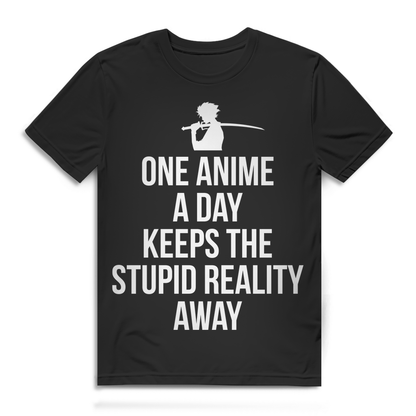 Anime Bio T-Shirt Männer – One anime a day keeps the stupid reality away Spruch