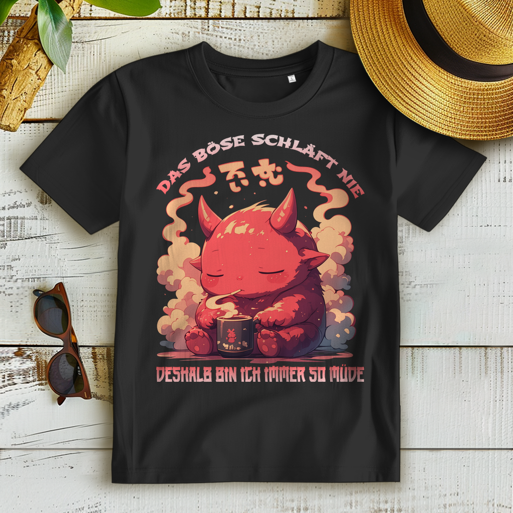 Das Böse schläft nie deshalb bin ich immer so müde Teufelchen mit Kaffee - Damen Premium Bio T-Shirt