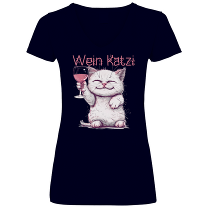 Wein Katzi Katze - V-Neck Damenshirt Deep Navy