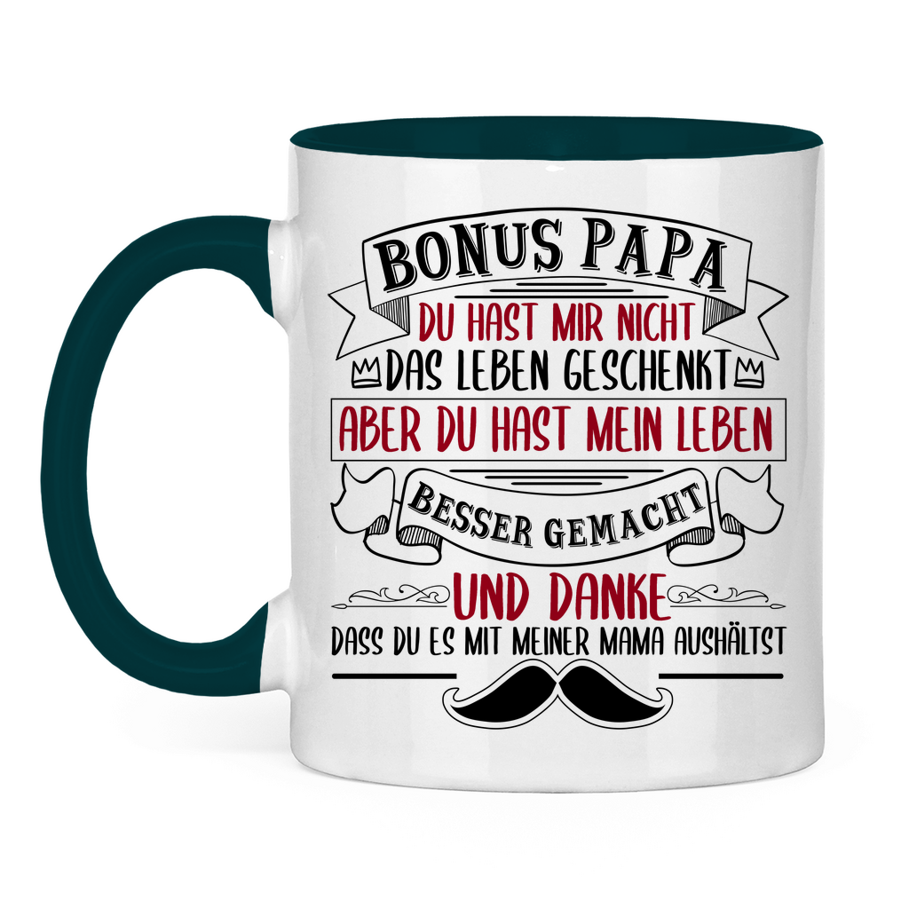 Bonus Papa danke dass du es mit meiner Mama aushältst - Tasse zweifarbig Petrol
