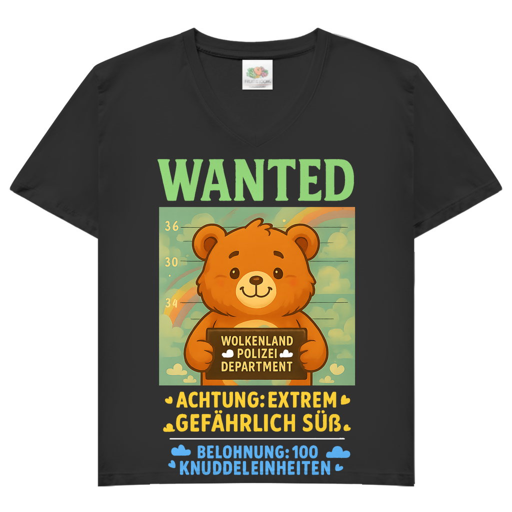 Damen V-Neck T-Shirt Wanted Glücksbärchi Wolkenland Extrem Gefährlich Süß Black