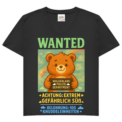Damen V-Neck T-Shirt Wanted Glücksbärchi Wolkenland Extrem Gefährlich Süß Black