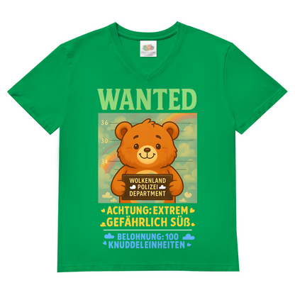Herren V-Neck T-Shirt Wanted Glücksbärchi Wolkenland Extrem Gefährlich Süß Kelly Green
