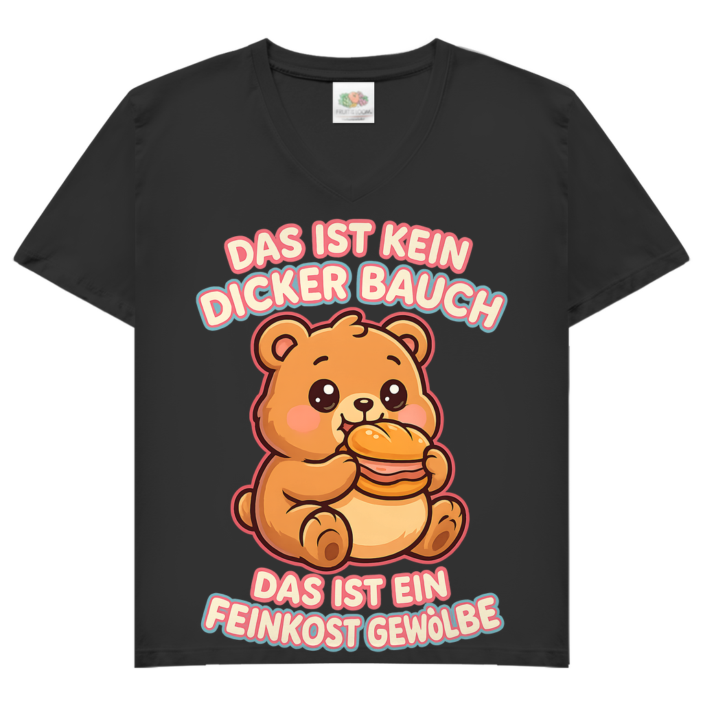 Damen V-Neck T-Shirt Das Ist Kein Dicker Bauch Das Ist Ein Feinkost Gewölbe Teddybär Black