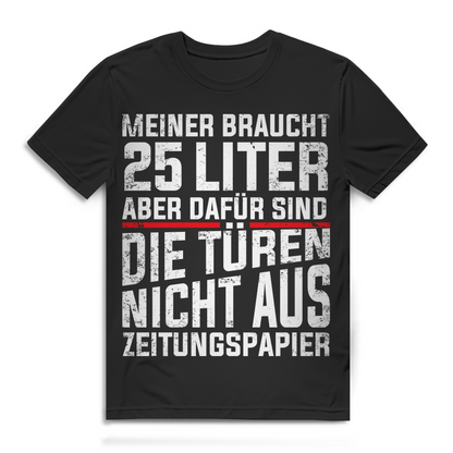 Muscle Car Shirt Männer – 25 Liter Verbrauch und keine Türen aus Zeitungspapier