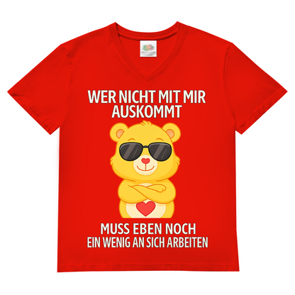 Herren V-Neck T-Shirt Wer nicht mit mir auskommt Glücksbärchi Bärchi Spruch Red