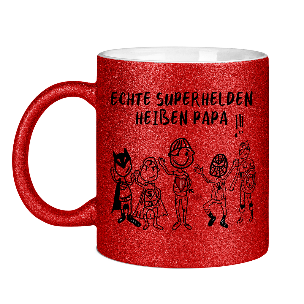 Echte Superhelden heißen Papa! - Glitzertasse Red Glitter One size