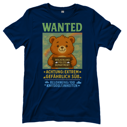 Damen T-Shirt Wanted Glücksbärchi Wolkenland Extrem Gefährlich Süß Navy