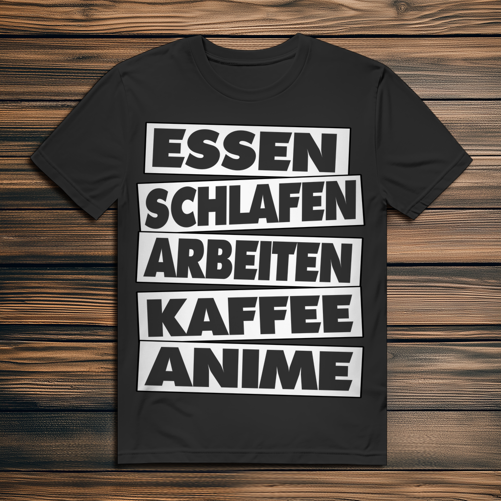 Lustiges Anime Shirt – Kaffee, Arbeit &amp; Otaku Lifestyle in 5 Wörtern