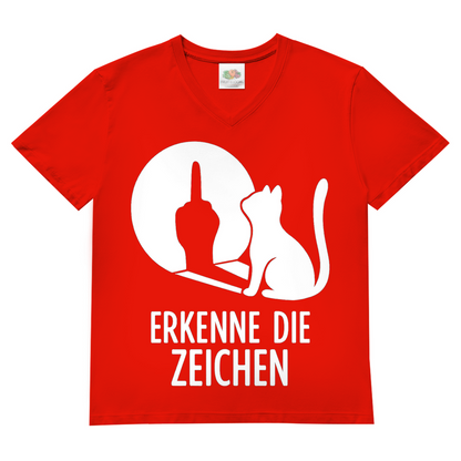 Herren V-Neck T-Shirt Erkenne Die Zeichen Katze Katzenliebhaber Red