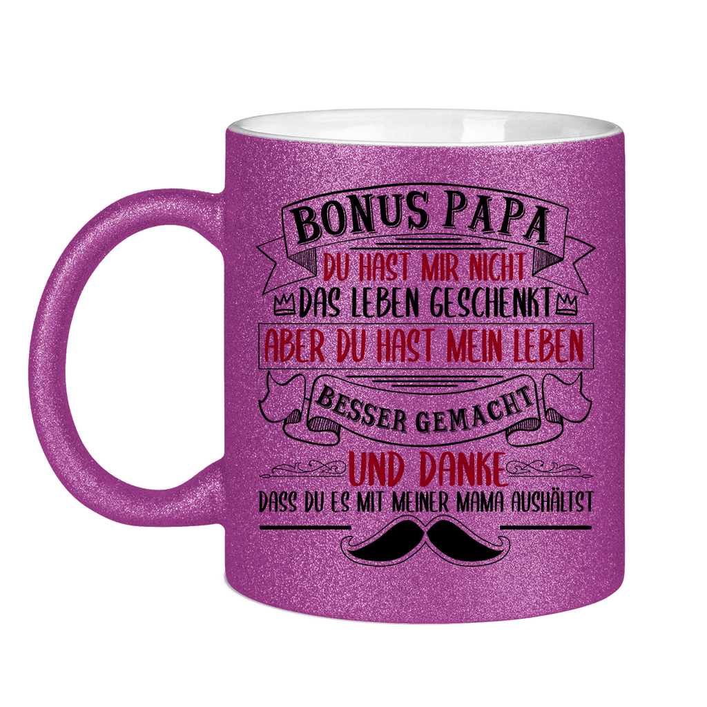 Bonus Papa danke dass du es mit meiner Mama aushältst - Glitzertasse Purple Glitter One size