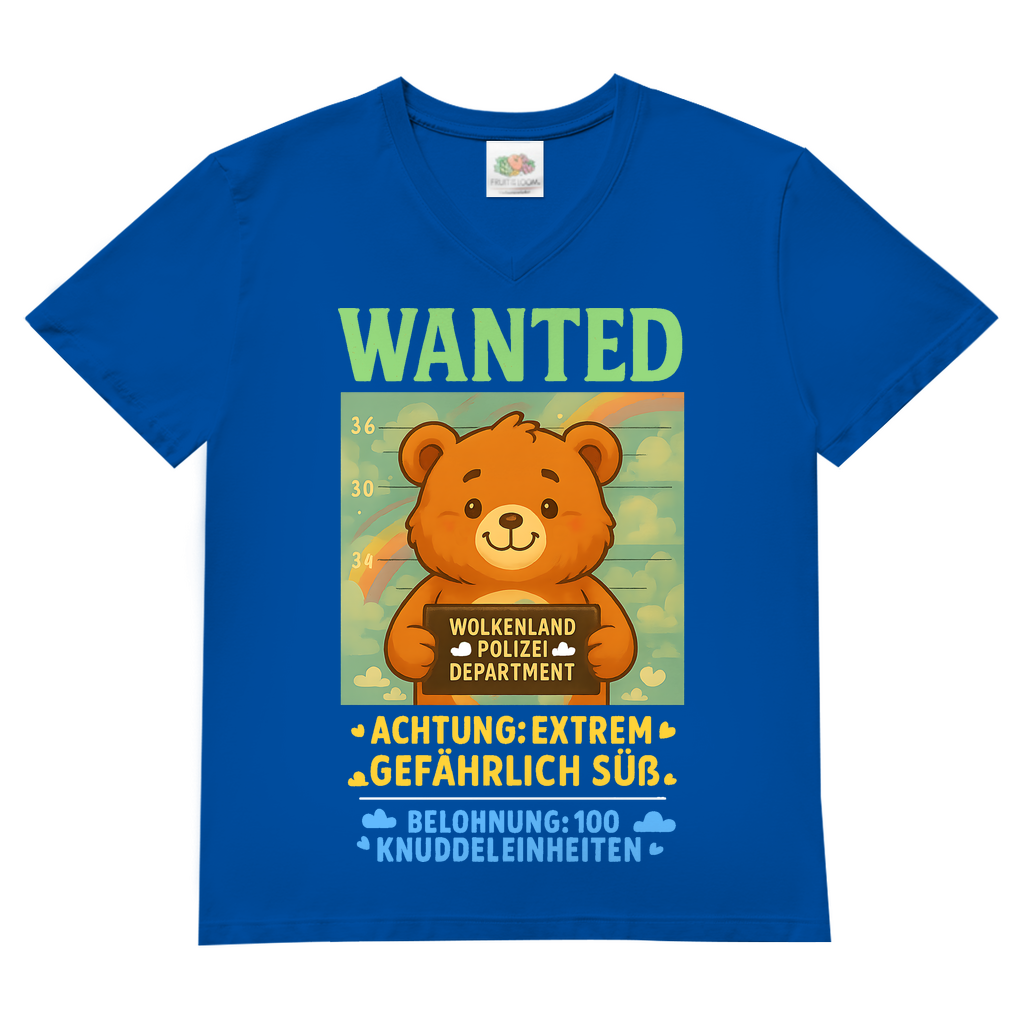 Herren V-Neck T-Shirt Wanted Glücksbärchi Wolkenland Extrem Gefährlich Süß Royal Blue