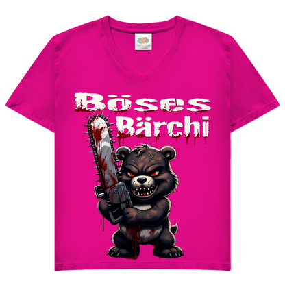 Böses Bärchi Kettensäge Damen V-Neck T-Shirt Fuchsia