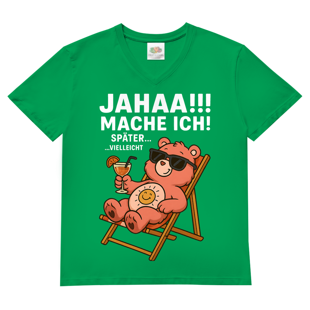 Herren V-Neck Shirt Jahaa Mache Ich Später Vielleicht Chill Bär Glücksbärchi Kelly Green