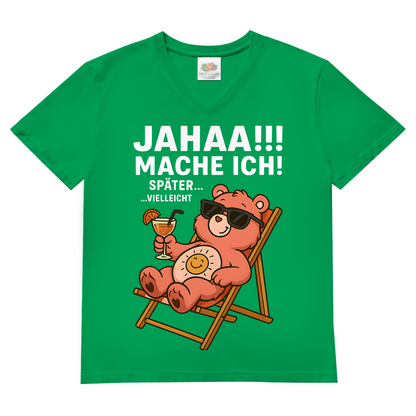 Herren V-Neck Shirt Jahaa Mache Ich Später Vielleicht Chill Bär Glücksbärchi Kelly Green