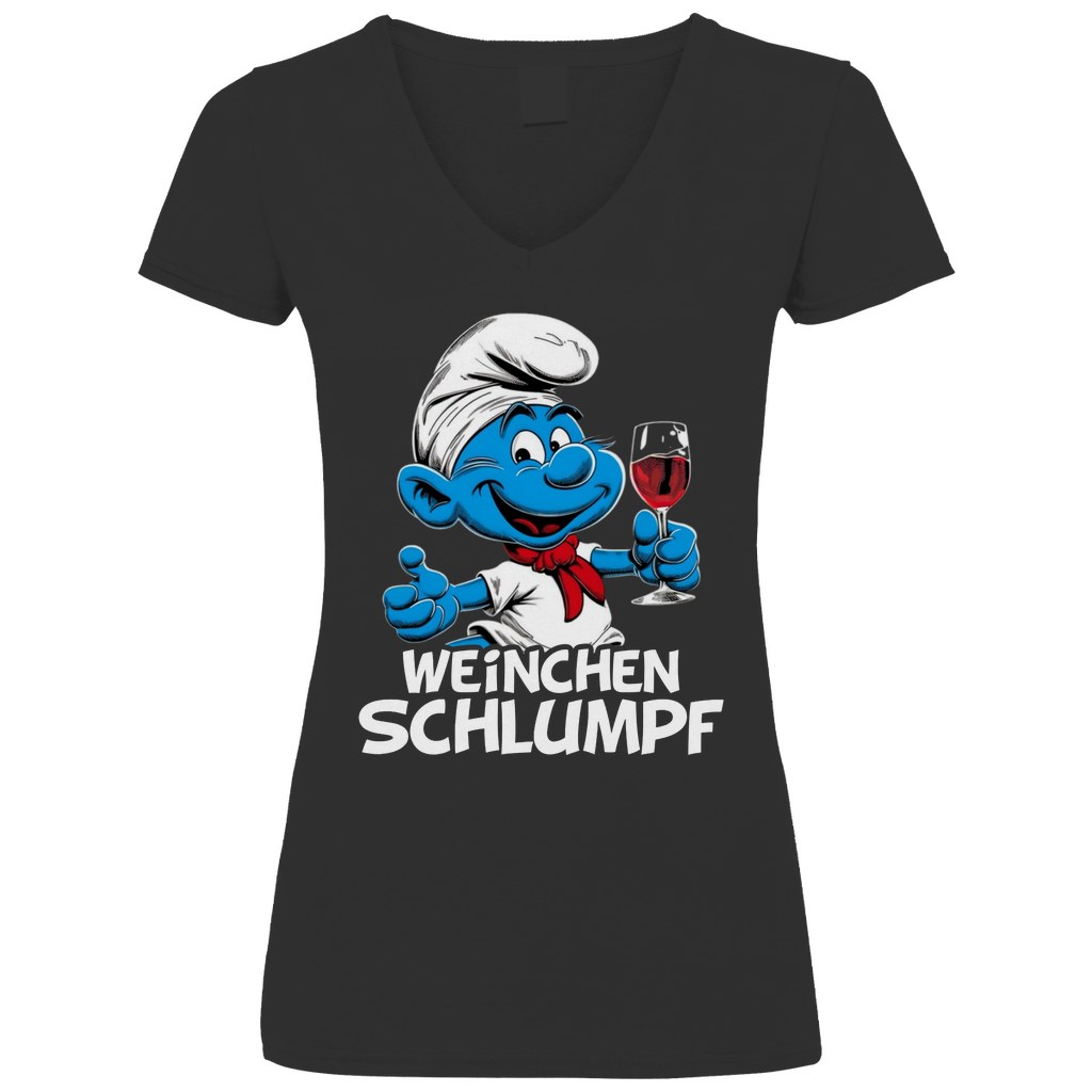 Weinchen Schlumpf Grafik - V-Neck Damenshirt