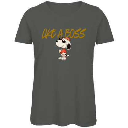 Peanuts Snoopy mit Bier Like a Boss - Damen Premium Bio T-Shirt Millennial Khaki
