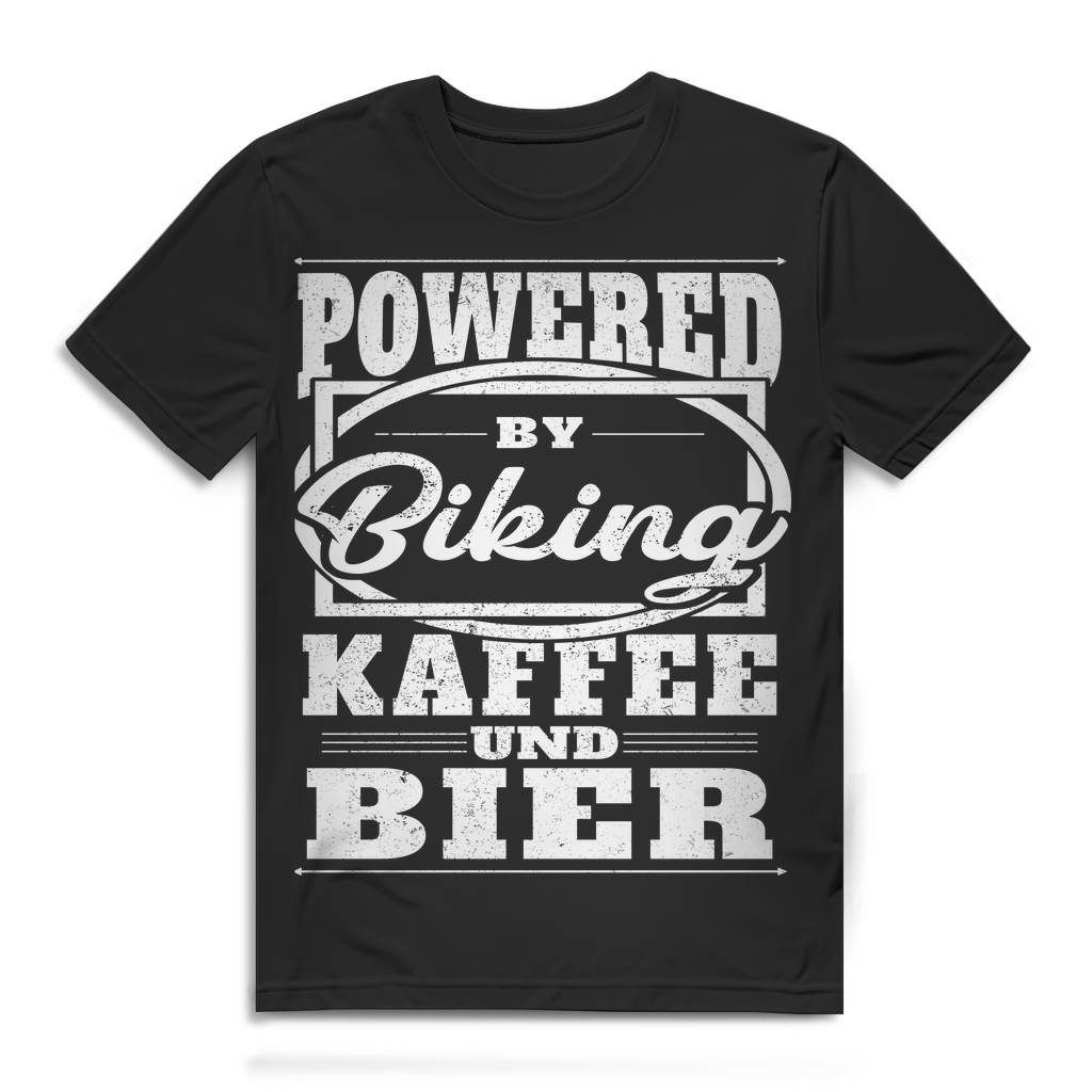 Herren T-Shirt Powered by Biking Kaffee und Bier Fahrrad Bio Baumwolle Black