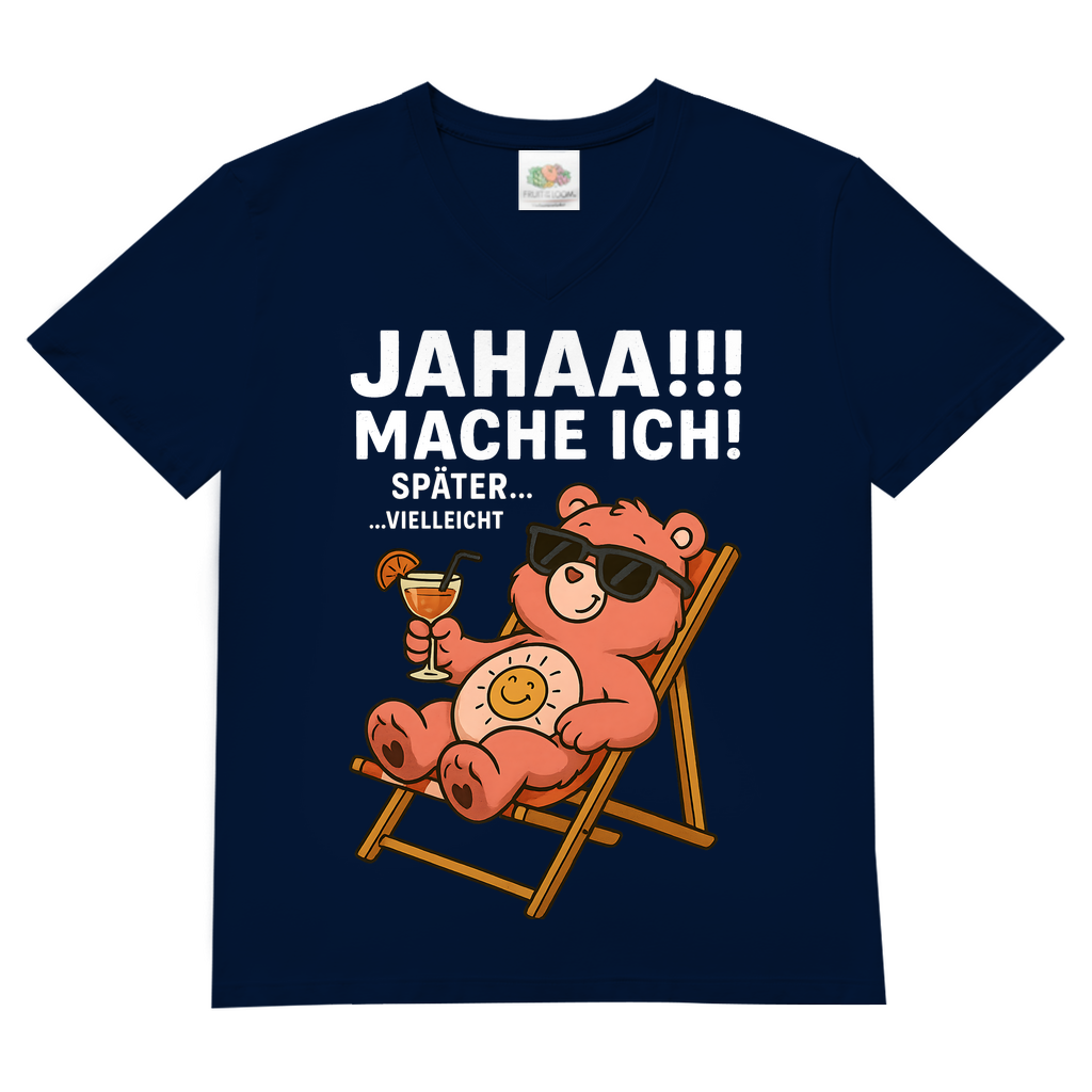 Herren V-Neck Shirt Jahaa Mache Ich Später Vielleicht Chill Bär Glücksbärchi Navy