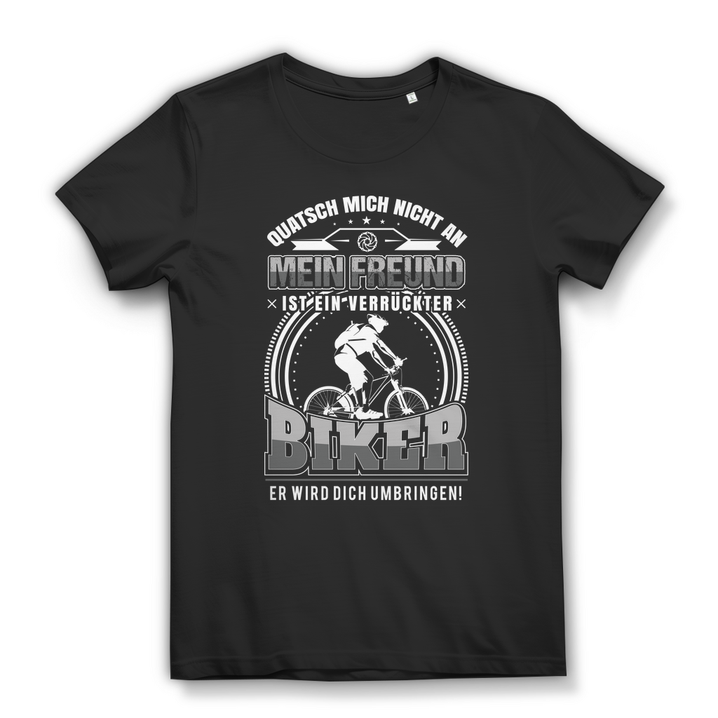 Biker Freund T-Shirt Damen – Mein Freund ist verrückt – MTB Fun Design mit Humor Black