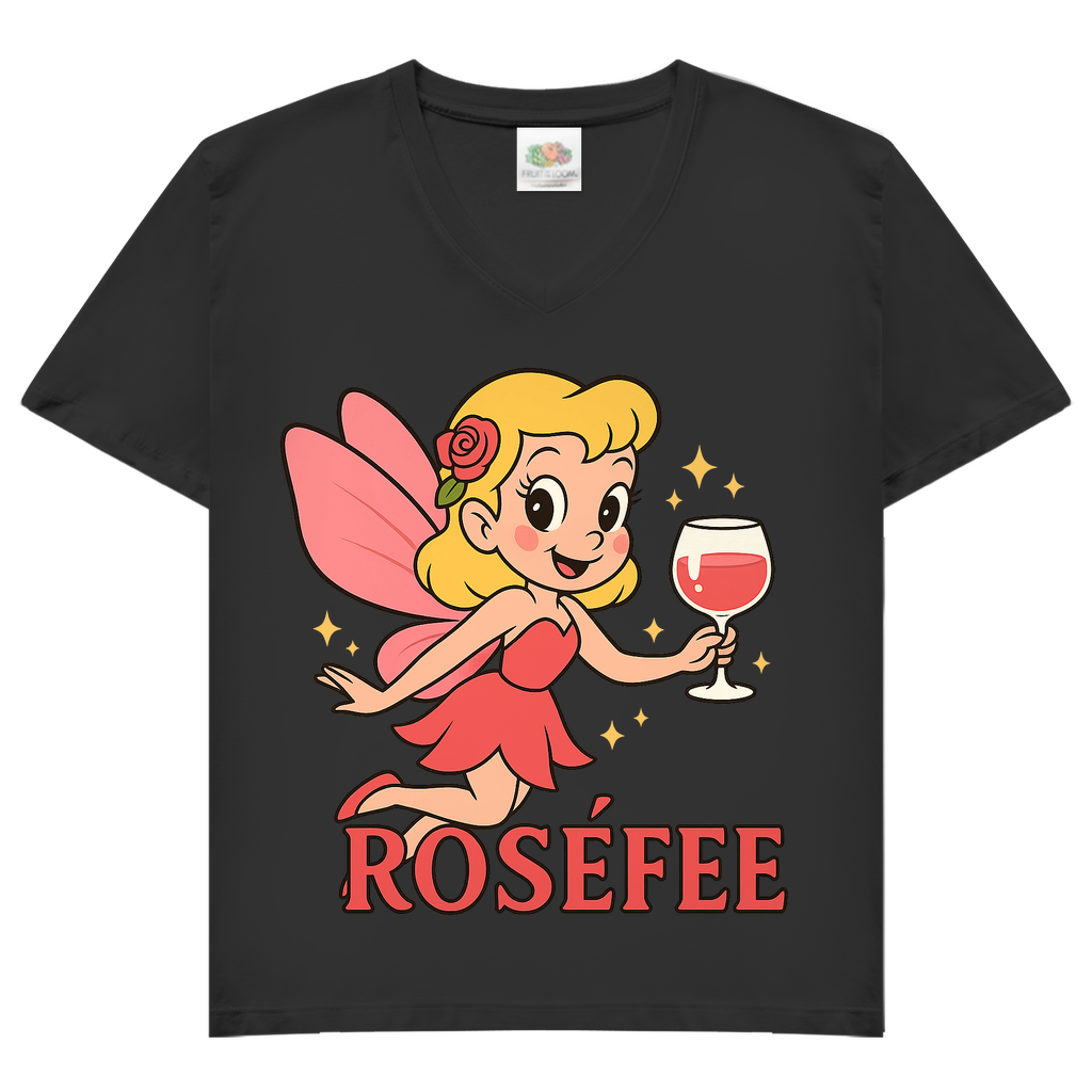 Damen V-Neck T-Shirt ROSÉFEE – Rosé Wein Fee Motiv mit femininer V-Ausschnitt Black