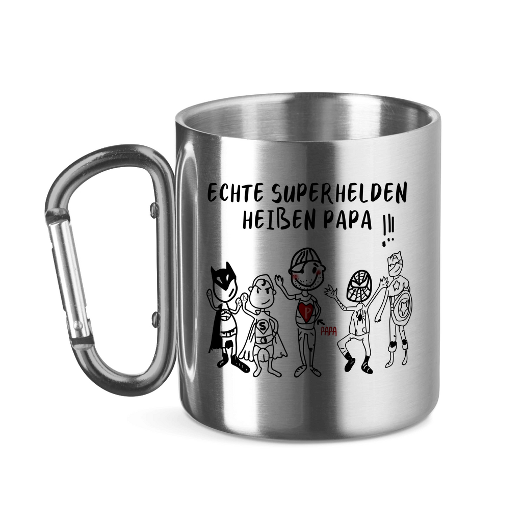 Echte Superhelden heißen Papa! - Edelstahltasse mit Karabinergriff Silver 320 ml
