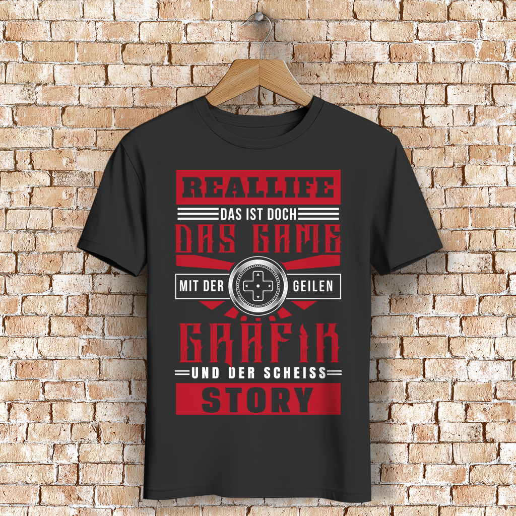 Zocker Shirt Bio Baumwolle – Real Life Grafik Top, Story Flop – Funshirt Männer