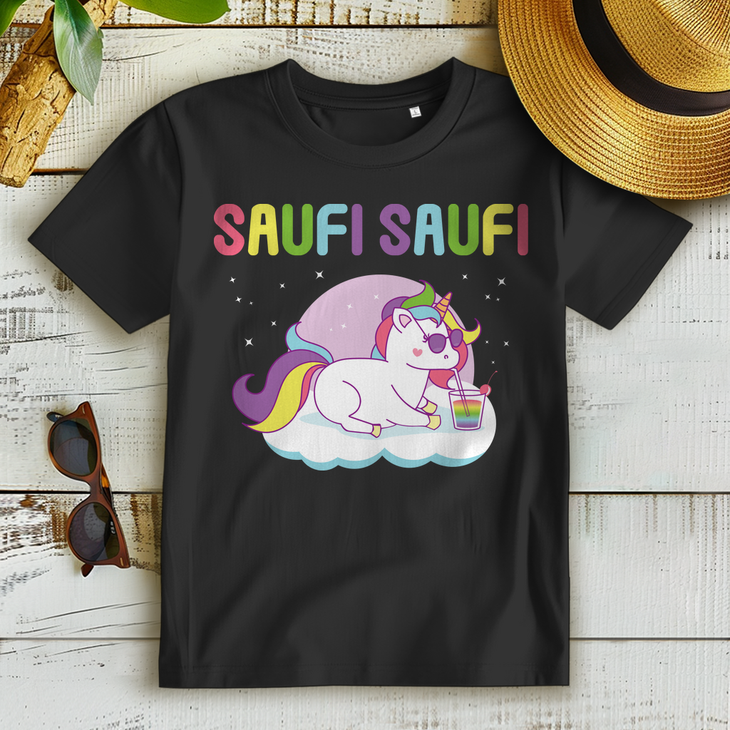 Saufi Saufi Einhorn Shirt Damen – Lustiges Partyshirt mit Regenbogen Drink