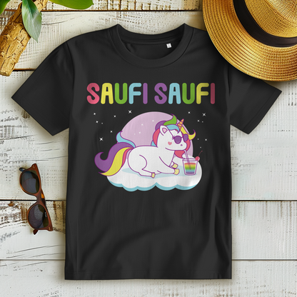 Saufi Saufi Einhorn Shirt Damen – Lustiges Partyshirt mit Regenbogen Drink