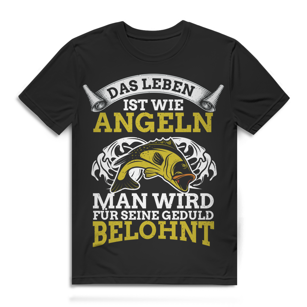 Herren T-Shirt Das Leben ist wie Angeln Geduld belohnt Karpfen Black