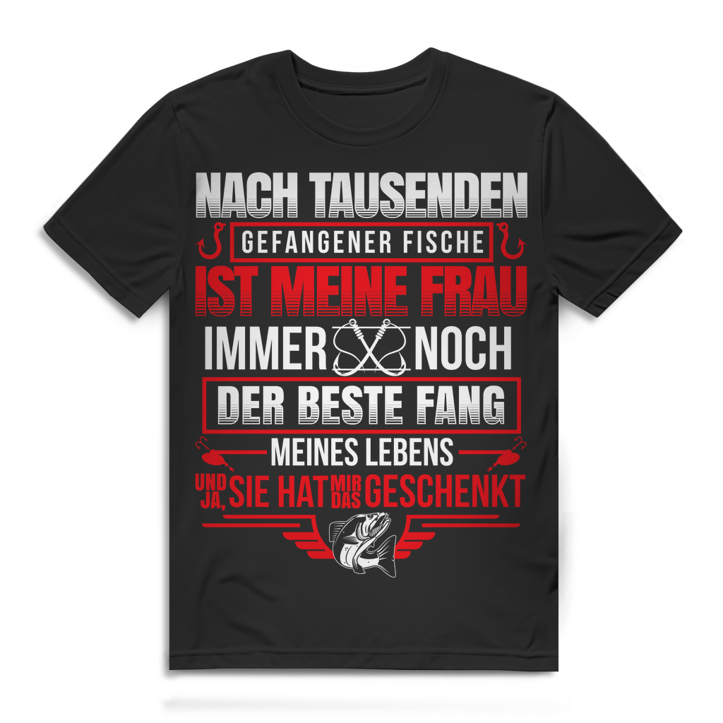 Herren T-Shirt Meine Frau ist der beste Fang meines Lebens Angler Black