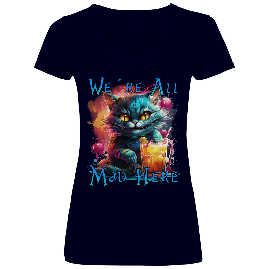 We´re All Mad Here Grinsekatze - V-Neck Damenshirt Deep Navy