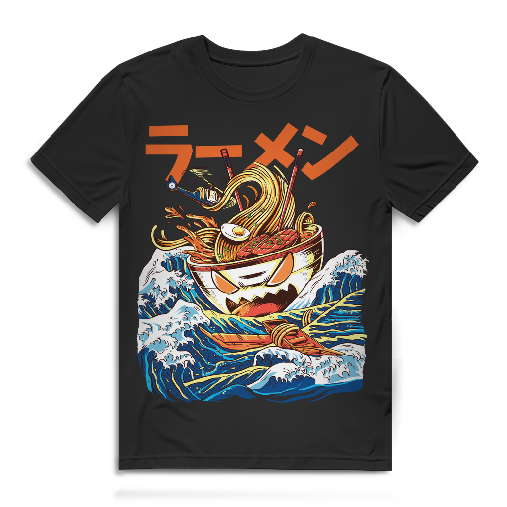 Herren T-Shirt Ramen Monster Welle Japan Shirt Bio Baumwolle Black