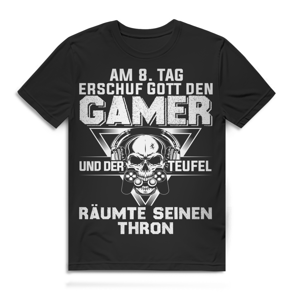 Herren T-Shirt Am 8. Tag erschuf Gott den Gamer Teufel Thron Black