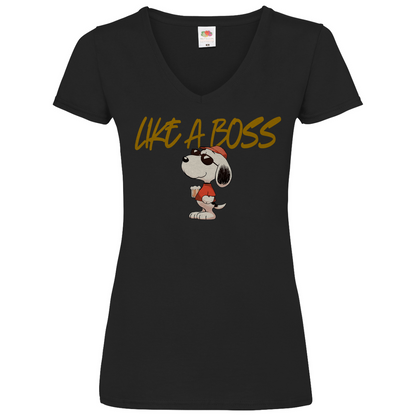 Peanuts Snoopy mit Bier Like a Boss - V-Neck Damenshirt Black
