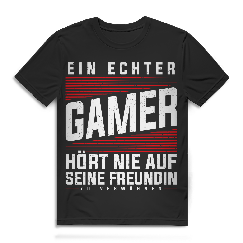 Gaming Funshirt Herren – Gamer hört nie auf seine Freundin zu verwöhnen Black