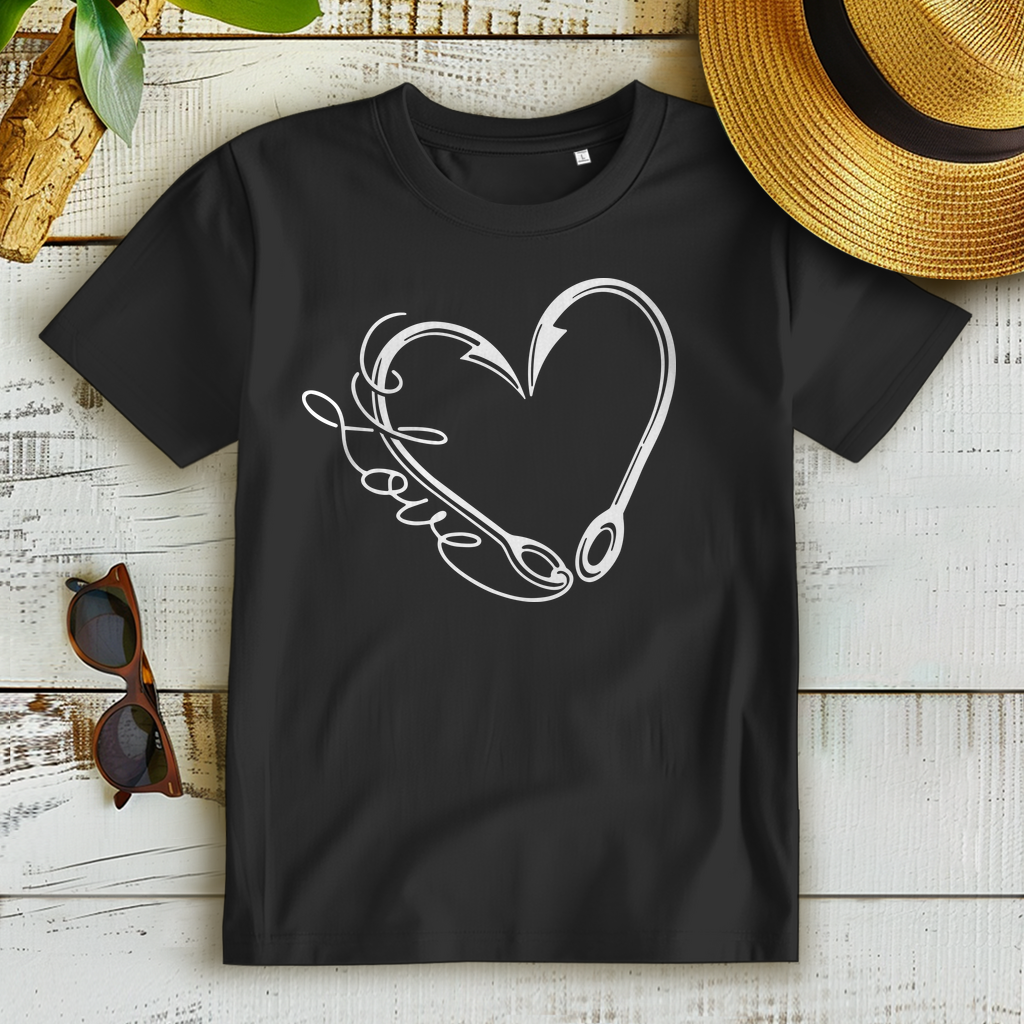 Anglerin Shirt Damen – Herz aus Angelhaken – Liebe zum Angeln Bio T-Shirt