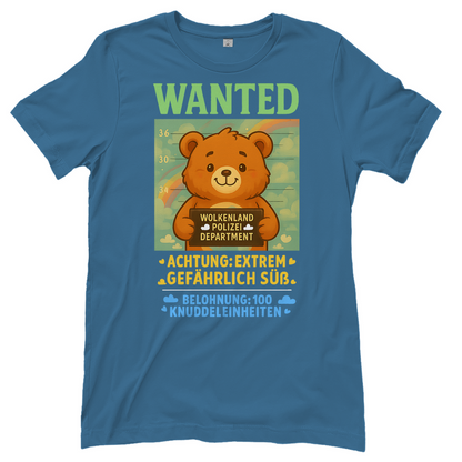Damen T-Shirt Wanted Glücksbärchi Wolkenland Extrem Gefährlich Süß Stone Blue