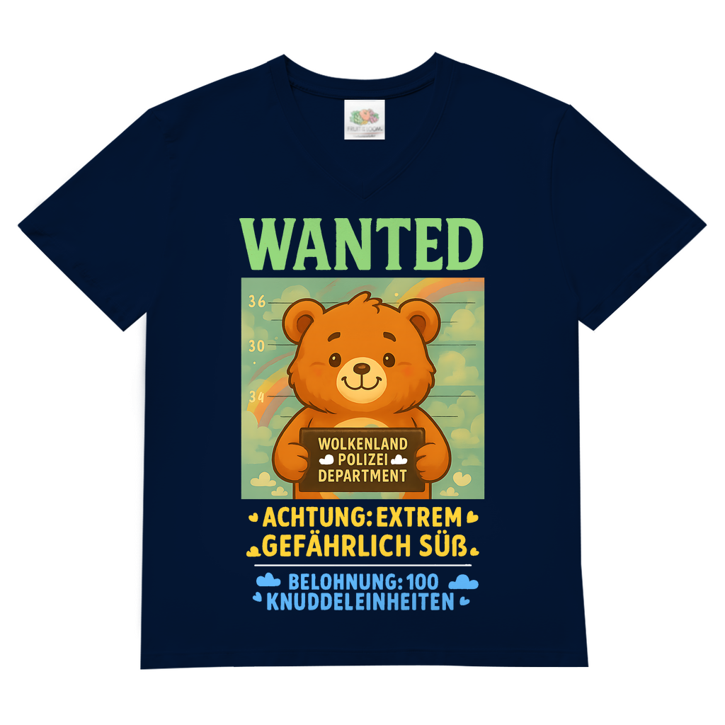 Herren V-Neck T-Shirt Wanted Glücksbärchi Wolkenland Extrem Gefährlich Süß Navy