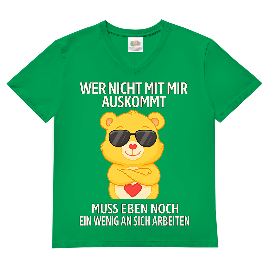 Herren V-Neck T-Shirt Wer nicht mit mir auskommt Glücksbärchi Bärchi Spruch Kelly Green