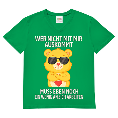 Herren V-Neck T-Shirt Wer nicht mit mir auskommt Glücksbärchi Bärchi Spruch Kelly Green