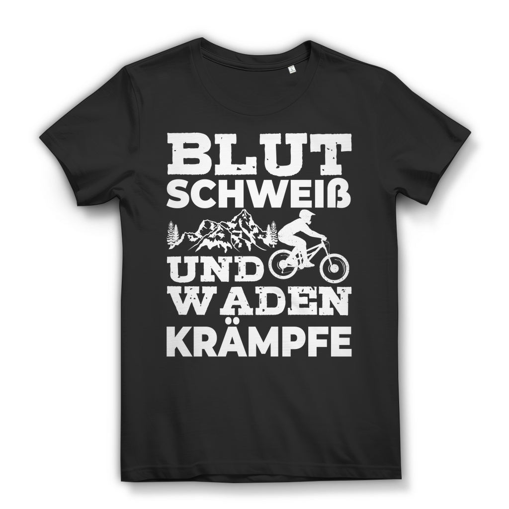 Lustiges Damen Bio T-Shirt Blut Schweiß und Wadenkrämpfe Radfahrerin MTB Spruch Black
