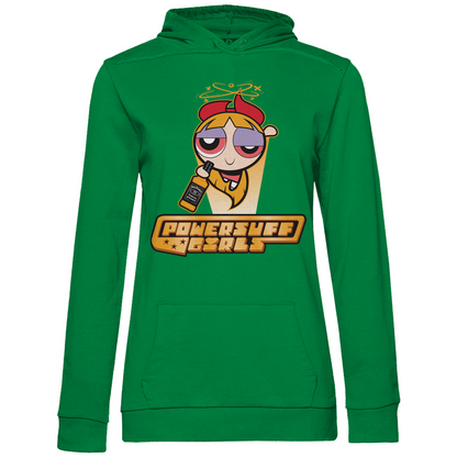 Grüner Hoodie mit 90s Cartoon Blossom Parodie POWERSHUFF GIRLS Design, Frontansicht