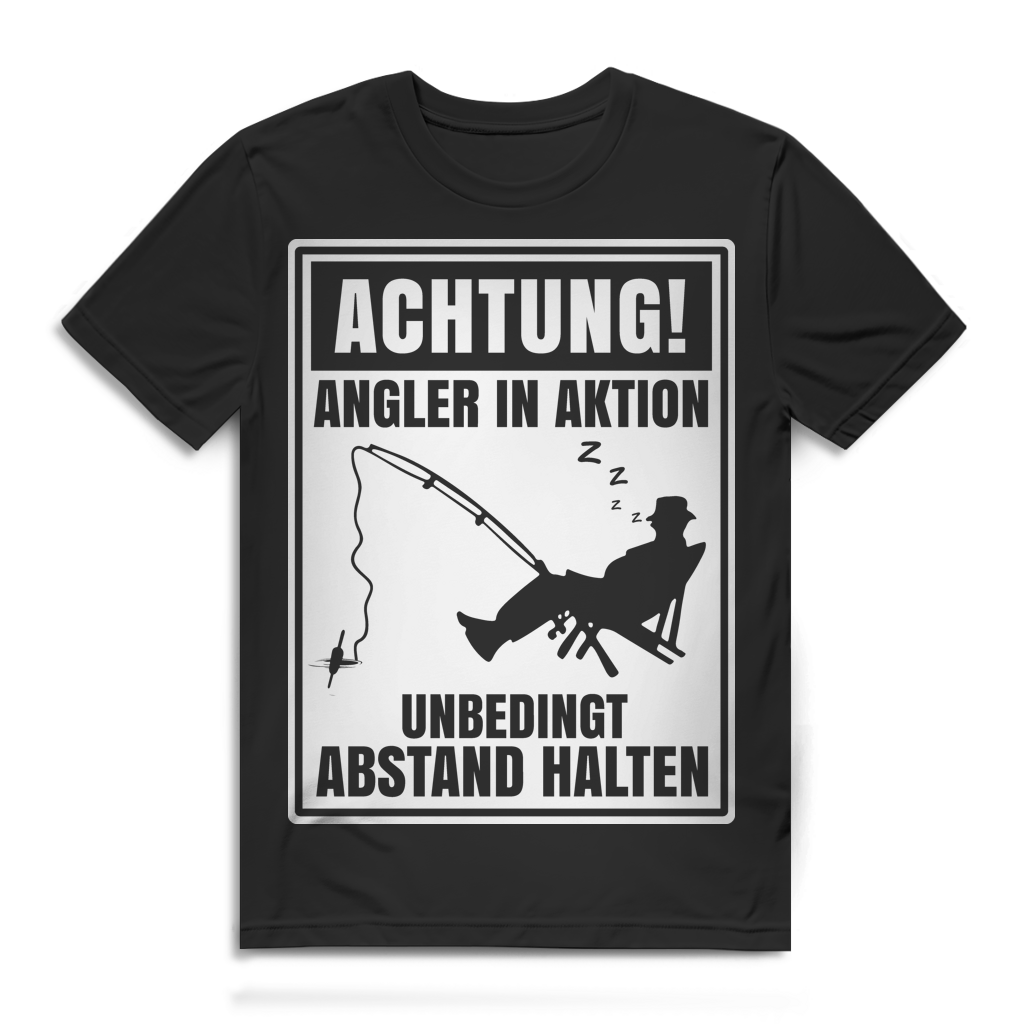 Herren Premium Bio Shirt „Achtung! Angler in Aktion“ Lustiges abstand halten Angelshirt Black